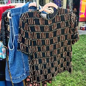 Silk Sequin Top 80s vintage size small black gold pearl